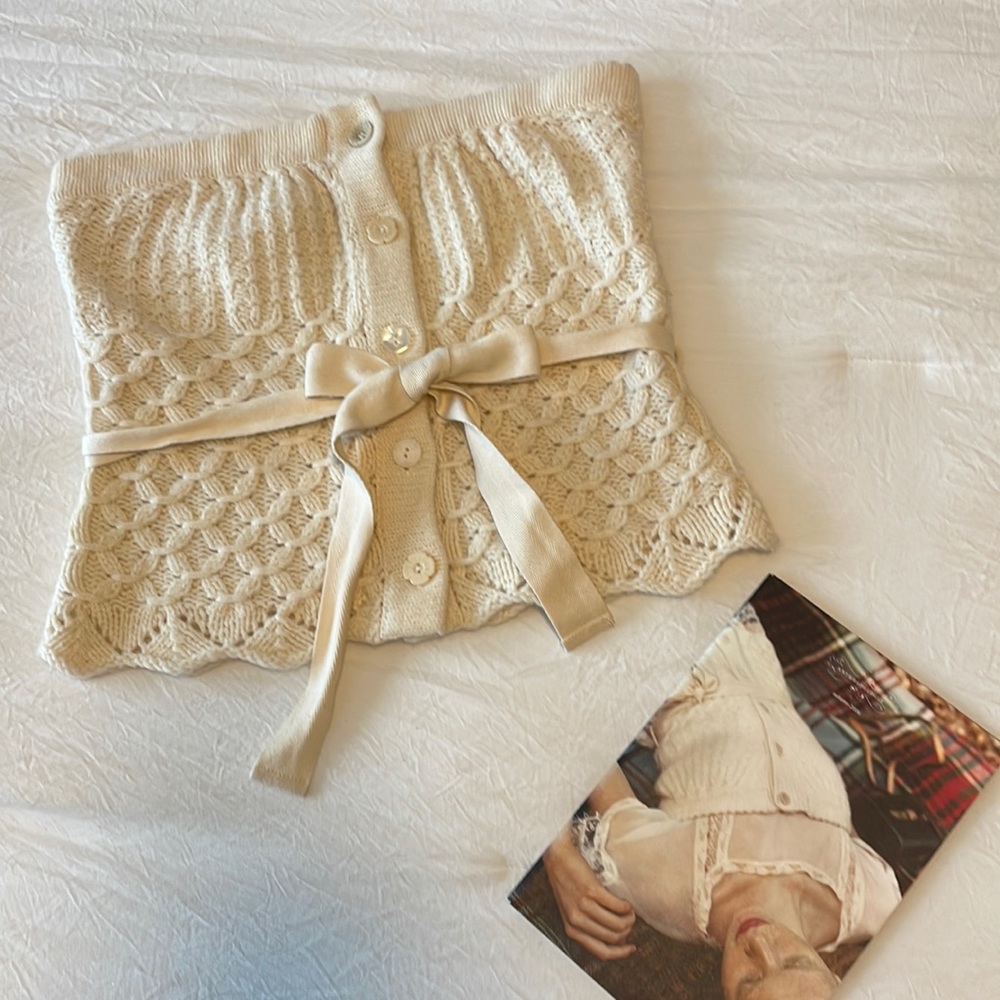 Anthropologie Cream Knit Button-Front Crop Top with Tie